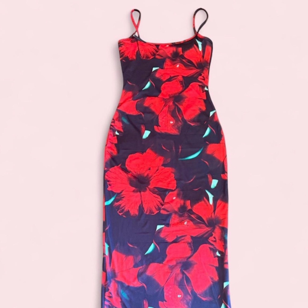 Floral Bodycon Red and Black Tropical Flower Maxi Dress
